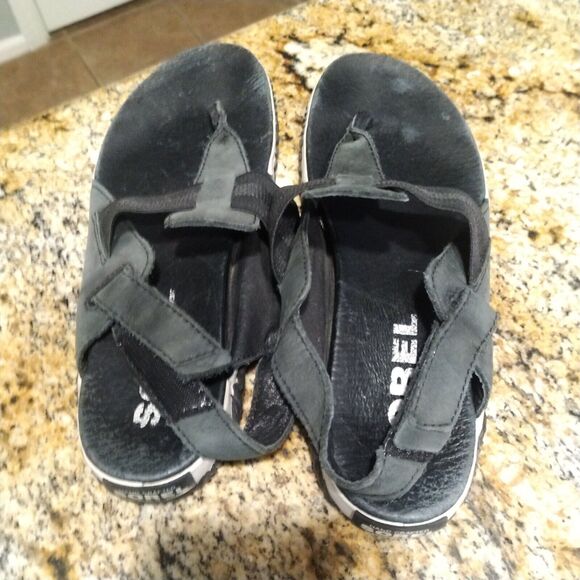 Sorel Out N About Plus Sandals Leather Thong Slingback Black Women's Sz 7.5 - Picture 12 of 12